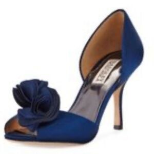 BADGLEY MISCHKA Royal Blue SATIN STILETTO D’ORSAY Sz 8.5M PEEPTOE HEELS